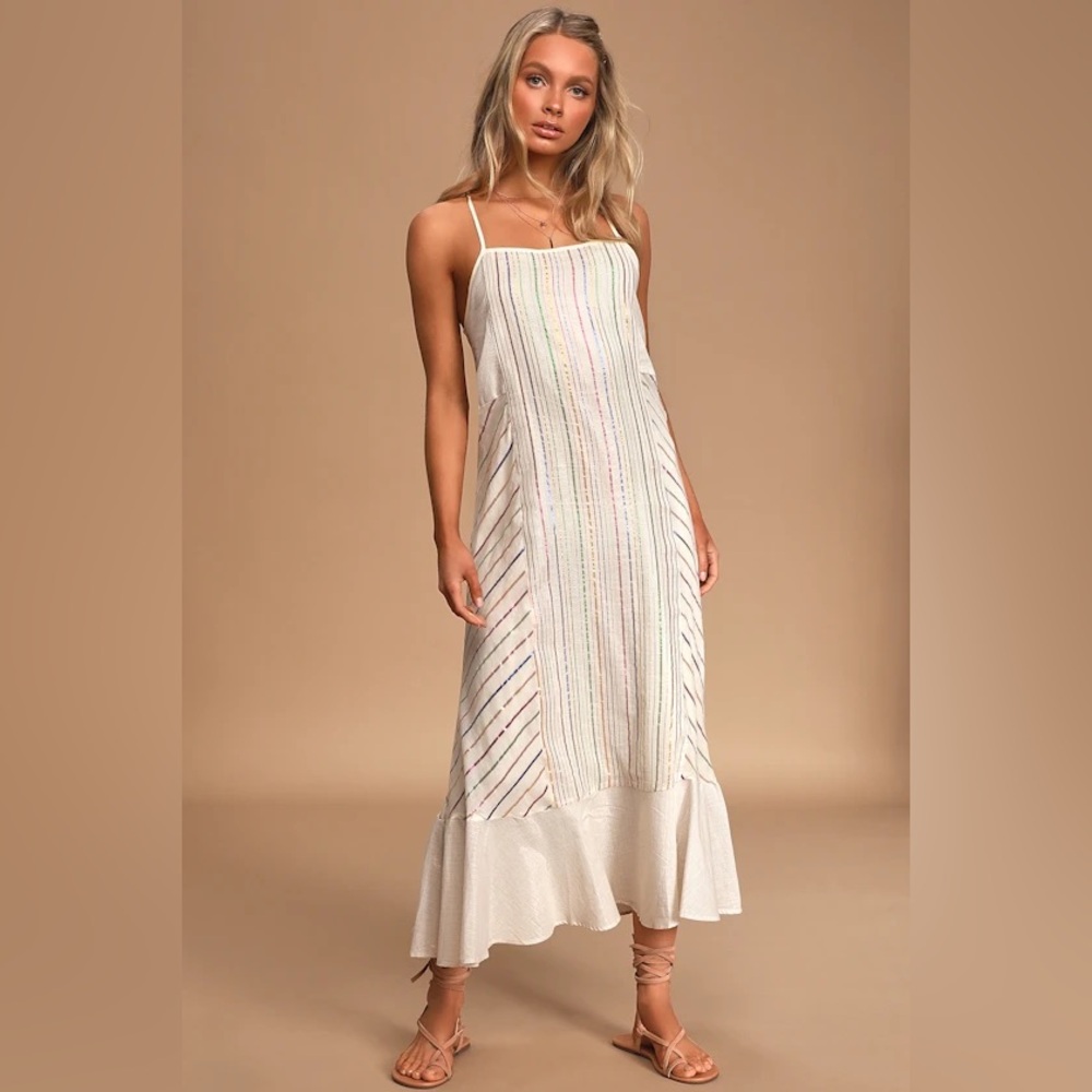 Lulus Girl Power Cream Metallic Multi Striped Ruffled Maxi Dress in L